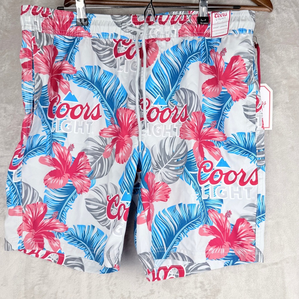 Coors Light Mens Tropical Hibiscus Swim Trunks White Red Blue Floral Large NWT